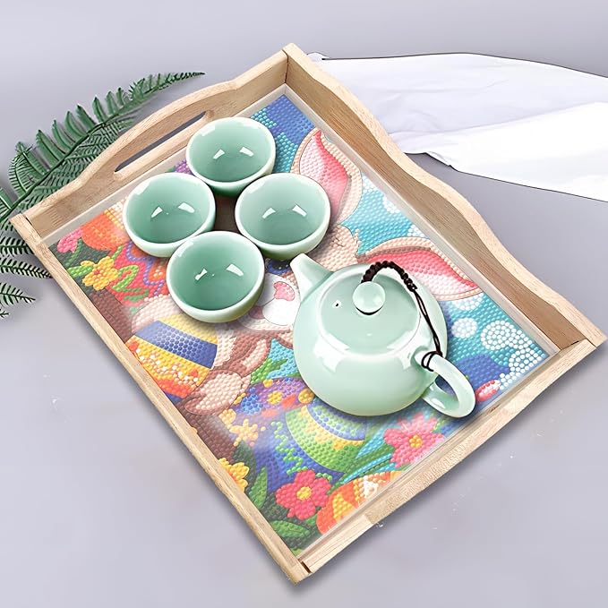 FGbaby DIY 5D Easter Bunny Eggs Diamond Painting Wood Serving Tray with Handles Diamond Art Decor Serving Trays Wooden Tray for Breakfast in Bed, Patio, BBQ, Coffee Table, Party –Great for Lap & Couch