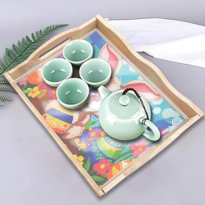 FGbaby DIY 5D Easter Bunny Eggs Diamond Painting Wood Serving Tray with Handles Diamond Art Decor Serving Trays Wooden Tray for Breakfast in Bed, Patio, BBQ, Coffee Table, Party –Great for Lap & Couch