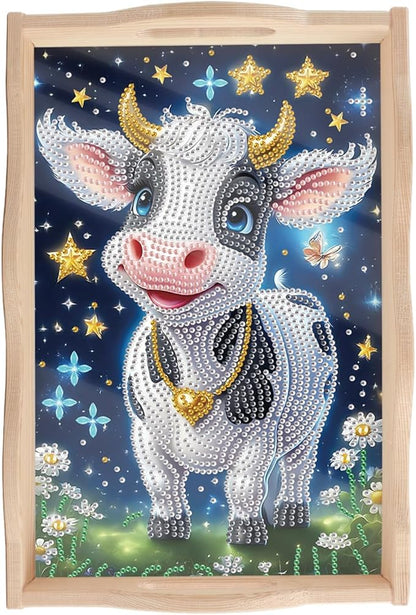 JISHSHAY Diamond Art Serving Tray Diamond Painting Food Tray Gem Art Serving Platter Gem Painting Mosaic Kits for Adults DIY Kits for Adults, with Wood Handle 20×30cm/7.87×11.81in, Cattle Cow