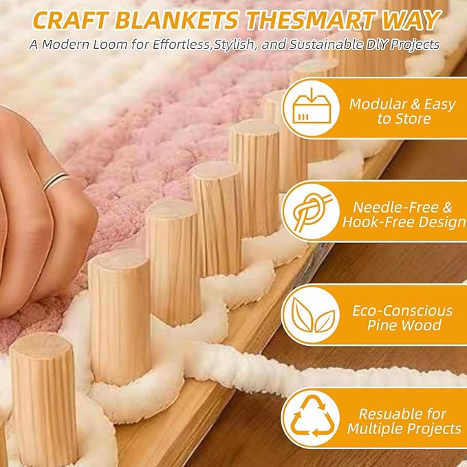 PULJOGDE 48" Chunky Blanket Loom,Wooden Loom for Chunky Blanket, Loom for Chunky Yarn, Frame Beginner Friendly Yarn Craft for Home Decor & Large Throw Blankets