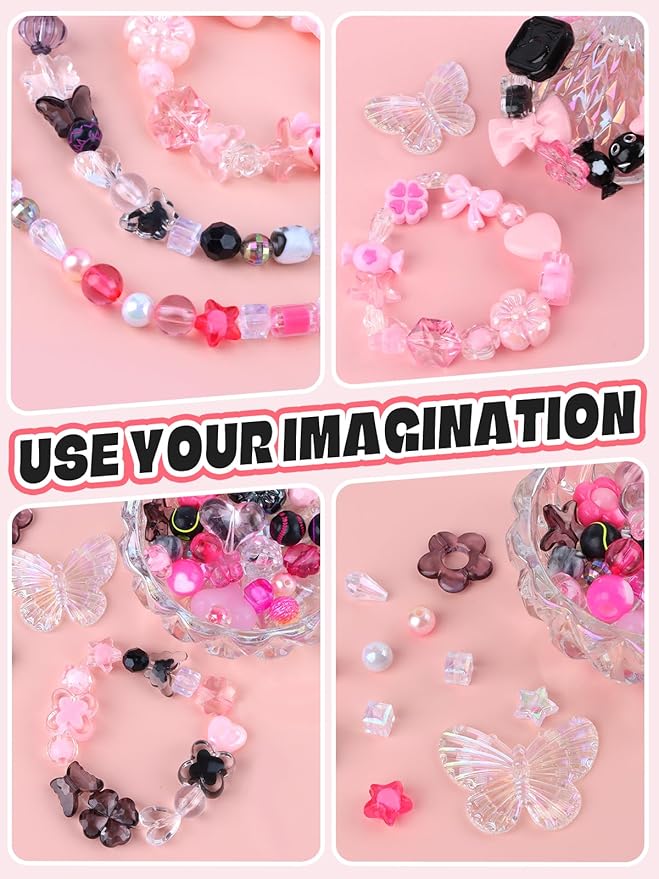 150PCS Acrylic Pastel Beads for Jewelry Making, Kalolary Colorful Bow Butterfly Flower Kawaii Plastic Candy Heart Cute Macaroon Aesthetic Beads for Bracelet Necklace DIY Supplies (Black Rose Pink)