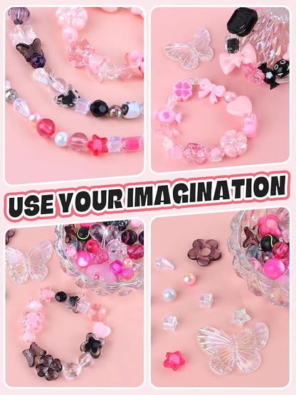 150PCS Acrylic Pastel Beads for Jewelry Making, Kalolary Colorful Bow Butterfly Flower Kawaii Plastic Candy Heart Cute Macaroon Aesthetic Beads for Bracelet Necklace DIY Supplies (Black Rose Pink)