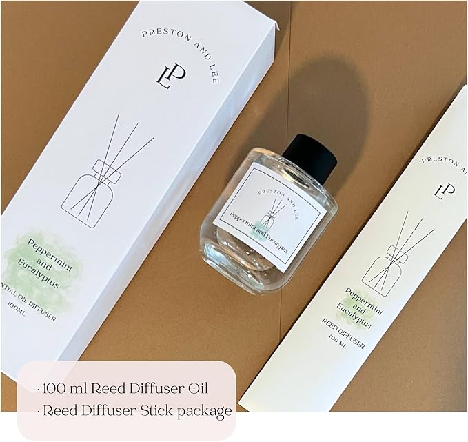 Preston and Lee Reed Diffuser Set | 100 ml (3.4 fl oz) Peppermint and Eucalyptus Scent | Reed Diffuser Set | Aromatherapy Diffusers | Natural Reed Diffuser Oil for Home and Spa Fragrance