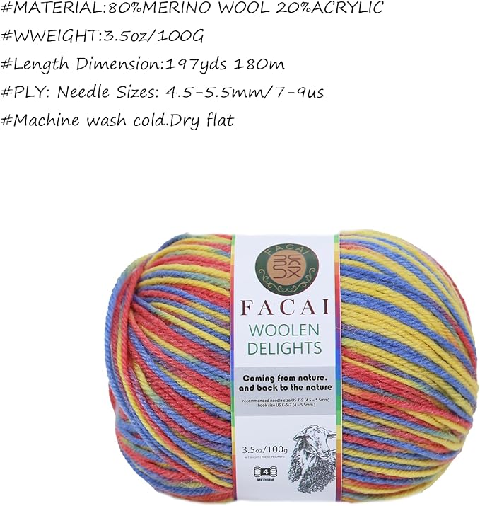 Facai Blend Merino Wool Yarn for Knitting - Worsted Weight,197yds (3.5oz) Ball, Ideal for Sweaters, Scarves, and Accessories (3, Red Yellow Blue)