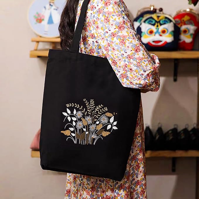 Craftdady Canvas Tote Bag Embroidery Kit Black Canvas Bag with Flower Patterns Instructions Embroidery Bag Embroidery Hoops Color Threads and Tool for DIY Beginners