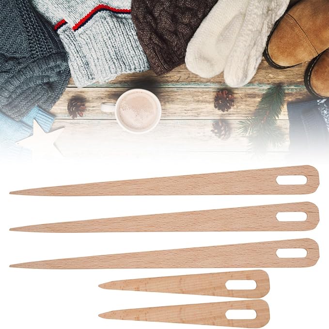 Kodrily 5PCS Weaving Needles, Big Eye Wood Weaving Tools Set, Beech Knitting Fork, DIY Hand Knitting Wood Tool, Portable Needles Weaving Sticks for Crafts Sewing Weaving Yarn
