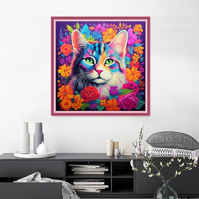 Joyhoor Cross Stitch Kits for Beginners Stamped Cross-Stitch Supplies Needlework preprint Embroidery Kits for Adults DIY Needlepoint Kits Embroidery Patterns 11CT-Flower Cat 18.x18 inch