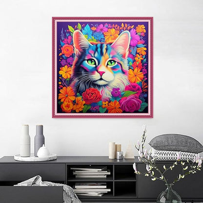 Joyhoor Cross Stitch Kits for Beginners Stamped Cross-Stitch Supplies Needlework preprint Embroidery Kits for Adults DIY Needlepoint Kits Embroidery Patterns 11CT-Flower Cat 18.x18 inch