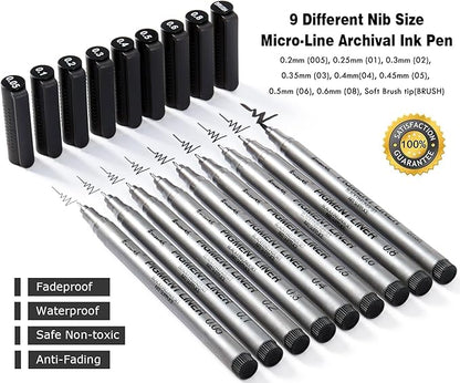 Brusarth Precision Black Micro-Pen Fineliner Ink Pens, Waterproof Archival Ink, Drawing Pen, Artist Illustration Pens, Multiliner, for Art Watercolor, Sketching, Anime, Manga, Design, 9/Set(Black)