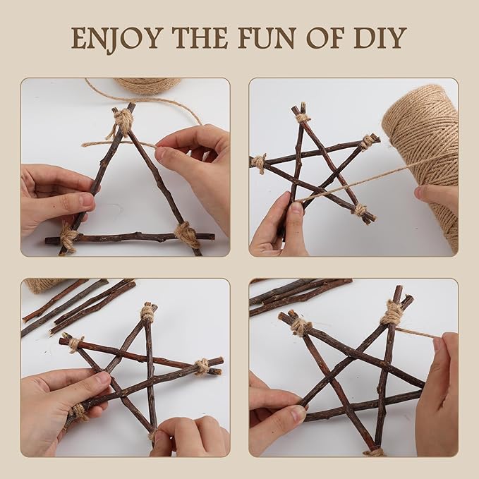 251 Pack Wooden Log Sticks for Crafts Kit 6 Inch and 4 inch Natural Twigs Sticks 0.8cm in Diameter Wood Log 164 Feet Jute Twine for DIY Rustic Home Decor Christmas Gift Making
