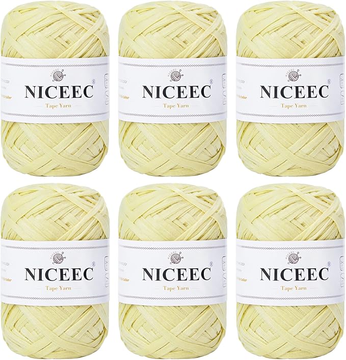 NICEEC 6 Skeins Soft Tape Yarn, Easy Crohcet Raffia, Crochet & Knitting, Paper Ribbon Yarn for DIY Craft Gift Wrapping Total Length 1.76oz×6/109yds×6 - Pale Yellow