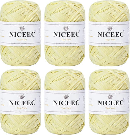 NICEEC 6 Skeins Soft Tape Yarn, Easy Crohcet Raffia, Crochet & Knitting, Paper Ribbon Yarn for DIY Craft Gift Wrapping Total Length 1.76oz×6/109yds×6 - Pale Yellow