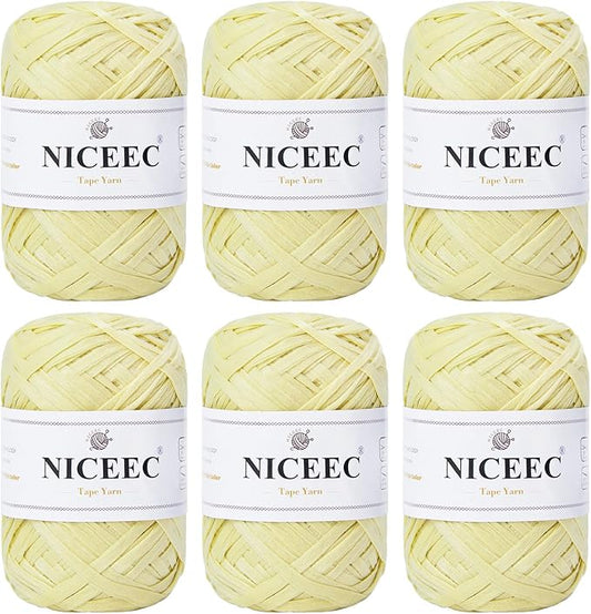 NICEEC 6 Skeins Soft Tape Yarn, Easy Crohcet Raffia, Crochet & Knitting, Paper Ribbon Yarn for DIY Craft Gift Wrapping Total Length 1.76oz×6/109yds×6 - Pale Yellow