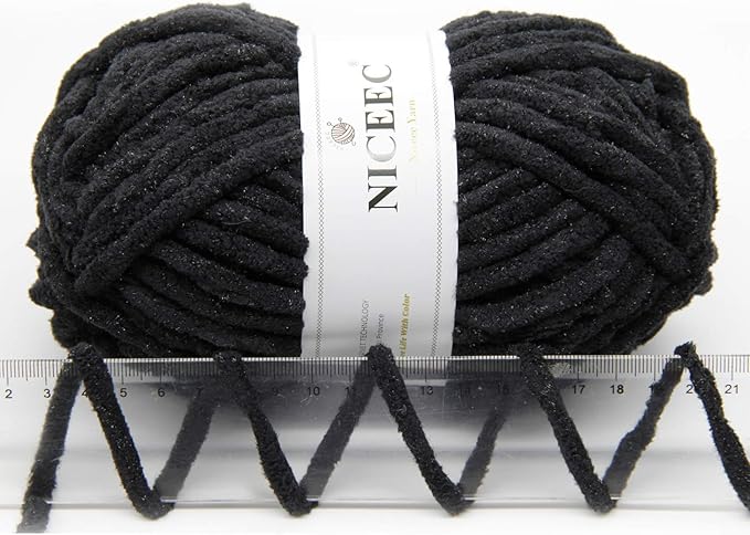 NICEEC 3 Skeins Sparkling Chenille Yarn Soft Blanket Yarn for Crochet & Knitting, Total 165yds/10.6oz - Black