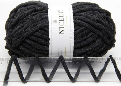 NICEEC 3 Skeins Sparkling Chenille Yarn Soft Blanket Yarn for Crochet & Knitting, Total 165yds/10.6oz - Black