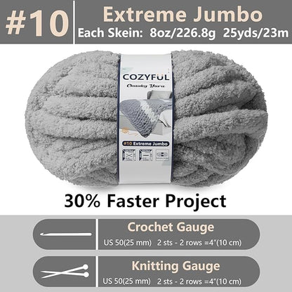 Chunky Yarn for Hand Knitting - #10 Chunky Chenille Yarn, Jumbo Big Thick Chunky Yarns for Crocheting, Super Bulky Chunky Knit Blanket Yarns, 8 Skein (25 yds 8 oz Each Skein), Light Grey
