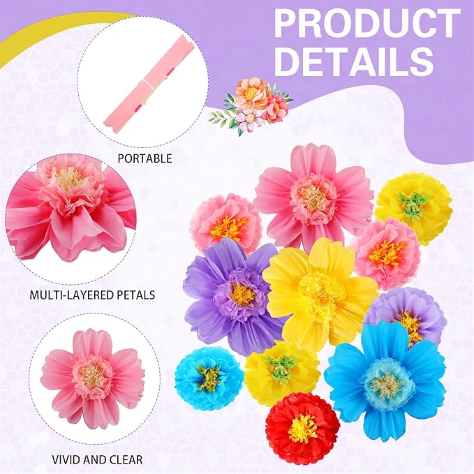 Crowye 12 Pcs Large Colorful Tissue Paper Flowers Decorations 20 Giant Fiesta Craft Crepe Paper Flowers for Wall Decor Backdrop Mexican Wedding Birthday Carnival Party (Cute Color)