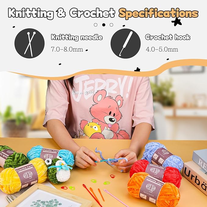 LUNARM 18 Skeins Chenille Yarn for Crocheting, Handmake Weaving Thick Soft Chunky Yarn for Blankets Clothes Crochet Craft with Crochet Hooks Needles Stitch Markers,3.53oz/Skein(Macaron Series)