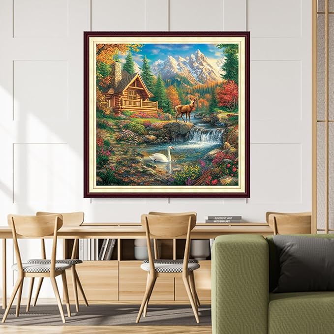 DMCCRAFT Stamped Cross Stitch Kits for Adults 11CT Printed Cross-Stitch Patterns Embroidery Kits Easy Cross Stitching Needlepoint Kits&Dreamy Home Elk 18x18 inch