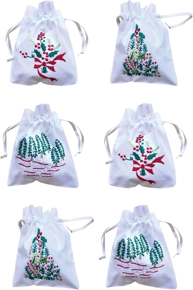 French Knot Embroidery Cotton Drawstring Christmas Gift Bag - Small Reusable Birthday Gift Bag for Girls, Women - Pure Cotton Embroidery Gift Pouch, Pack of 6 (4.5 x6.5 inch) (Single Christmas tree)