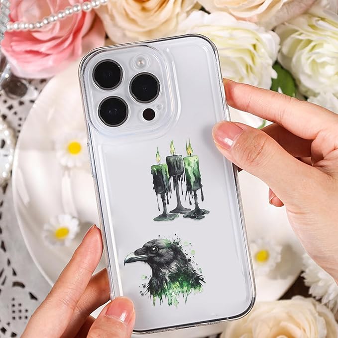 50PCS Forest Witch Stickers – Green Gothic Aesthetic Transparent Scrapbooking Stickers, Witchy Clear Decals for Journaling, Spell Books, Resin Crafts Projects, Tumbler, Laptop