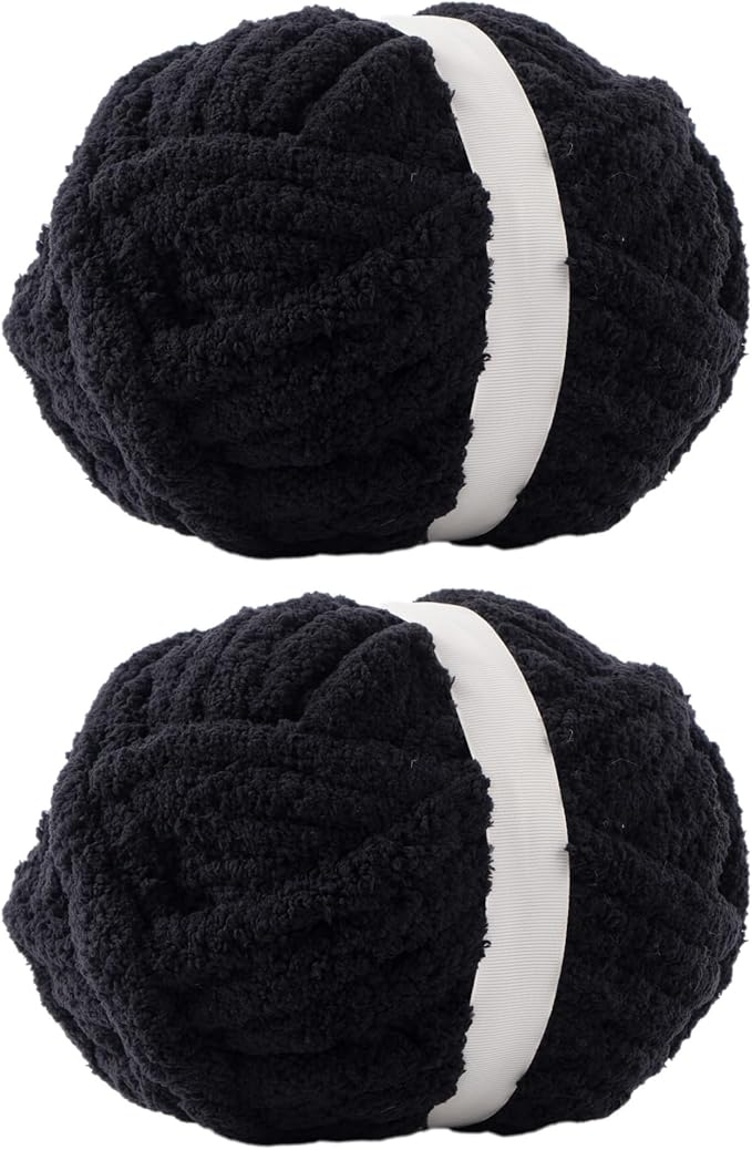 Black Jumbo Chunky Chenille Yarn for Crocheting, Thick Plush Yarn for Hand Knitting Blankets, Super Soft Bulky Yarn for DIY Projects, 2 Jumbo Pack