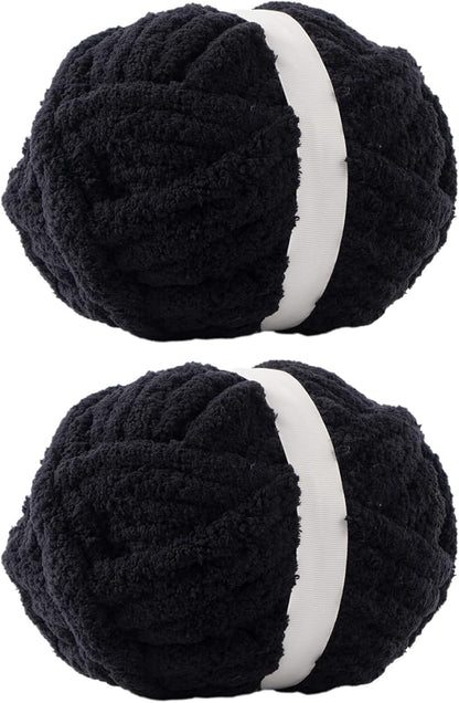 Black Jumbo Chunky Chenille Yarn for Crocheting, Thick Plush Yarn for Hand Knitting Blankets, Super Soft Bulky Yarn for DIY Projects, 2 Jumbo Pack
