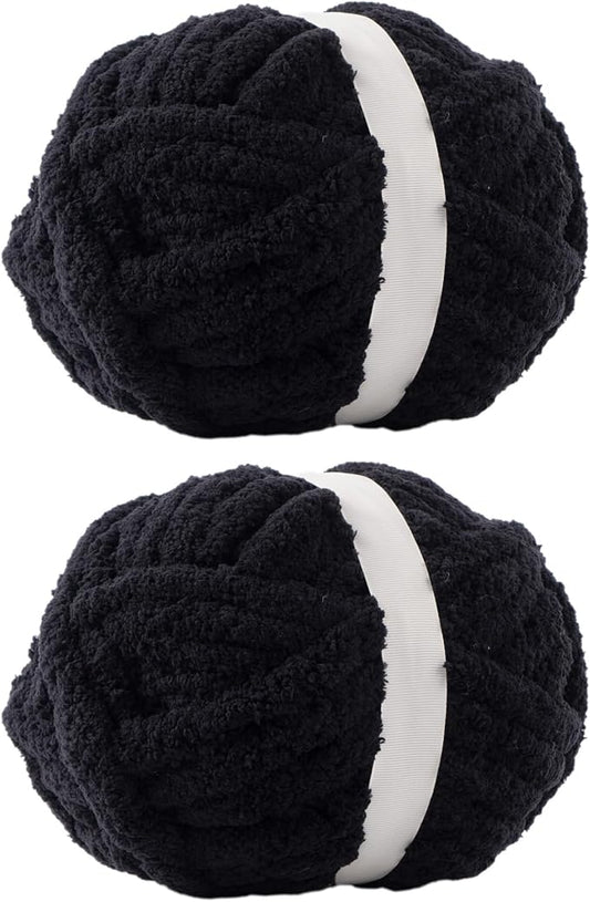 Black Jumbo Chunky Chenille Yarn for Crocheting, Thick Plush Yarn for Hand Knitting Blankets, Super Soft Bulky Yarn for DIY Projects, 2 Jumbo Pack