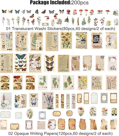 Esweny 200PCS Vintage Scrapbooking Supplies Kit for Journaling, Scrapbook Sticker Paper Pack for Junk Journal Planners Aesthetic Cottagecore Room Decor Wall Art Collage Album (Nature)