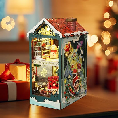 Foyucool DIY Book Nook Kit, Miniature Bookshelf Decor with LED Lights, Laser-Cut Wooden Craft Set for Adults, Creative Gift for Christmas, Birthday, Xmas, Merry Christmas