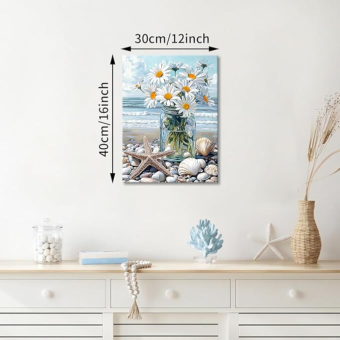 WENGTIAO Blue Beach Bunch of Flowers Canvas Wall Art Ocean Stones Paintings White Flowers in Full Bloom Wall Picture Canvas Print Artwork Wall Decor for Dining Office Living Room Bedroom 12"x16"
