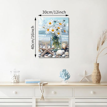 WENGTIAO Blue Beach Bunch of Flowers Canvas Wall Art Ocean Stones Paintings White Flowers in Full Bloom Wall Picture Canvas Print Artwork Wall Decor for Dining Office Living Room Bedroom 12"x16"
