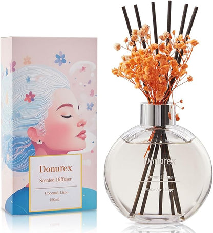 Donurex Flower Reed Diffuser Set 5.07oz Coconut Lime Scent Diffuser with Sticks Home Fragrance Reed Diffuser for Bathroom Shelf Decor