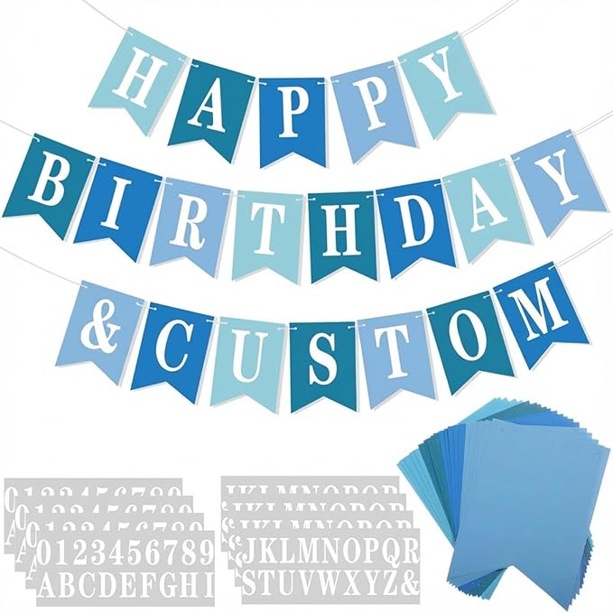Mooliwe 171 Pcs DIY Custom Banner Kit Make Your Own Customizable Sign for Birthday Wedding Party Decoration Include 20 Paper Pennant 148 Letters and Numbers 1 Rope 2 Threading Device(Blue Series)