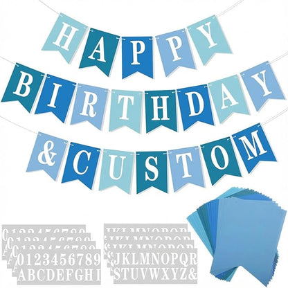 Mooliwe 171 Pcs DIY Custom Banner Kit Make Your Own Customizable Sign for Birthday Wedding Party Decoration Include 20 Paper Pennant 148 Letters and Numbers 1 Rope 2 Threading Device(Blue Series)