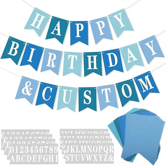 Mooliwe 171 Pcs DIY Custom Banner Kit Make Your Own Customizable Sign for Birthday Wedding Party Decoration Include 20 Paper Pennant 148 Letters and Numbers 1 Rope 2 Threading Device(Blue Series)
