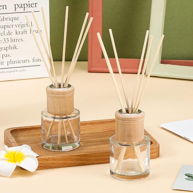 Roshtia 8 Set Reed Diffuser Bottle Empty Refillable Fragrance Glass Diffuser Bottles Set with Wooden Caps Sticks 50ml 1.7 oz Round Glass Jars for DIY Fragrance