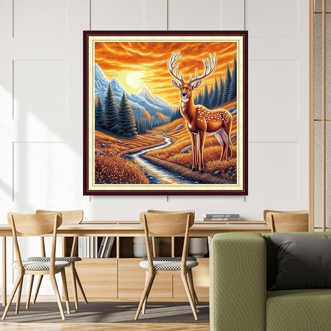 DMCCRAFT Stamped Cross Stitch Kits for Adults 11CT Printed Cross-Stitch Patterns Embroidery Kits Easy Cross Stitching Needlepoint Kits&Deer Sunrise 18x18 inch