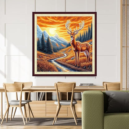 DMCCRAFT Stamped Cross Stitch Kits for Adults 11CT Printed Cross-Stitch Patterns Embroidery Kits Easy Cross Stitching Needlepoint Kits&Deer Sunrise 18x18 inch
