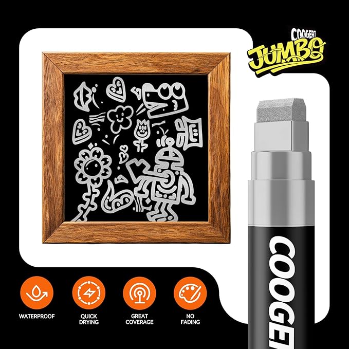 Coogert 3Pcs Silver Jumbo Poster Markers, 15MM Thick Permanent Acrylic Graffiti Markers, Wide Tip Paint Marker for Canvas, Posters Board, Fabric, Window, Glass, Wood, Teachers,Banner painting supplies
