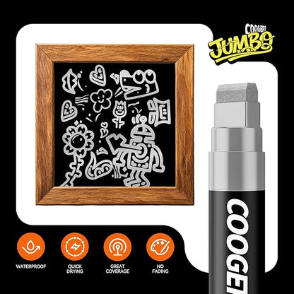 Coogert 3Pcs Silver Jumbo Poster Markers, 15MM Thick Permanent Acrylic Graffiti Markers, Wide Tip Paint Marker for Canvas, Posters Board, Fabric, Window, Glass, Wood, Teachers,Banner painting supplies