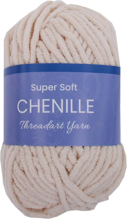 ThreadArt Chenille Yarn for Crocheting, Knitting, Amigurumi, Super Soft Plush Velvet Yarn - 50 Gram 60 yds #5 Fluffy Yarn Skeins - Beige 31