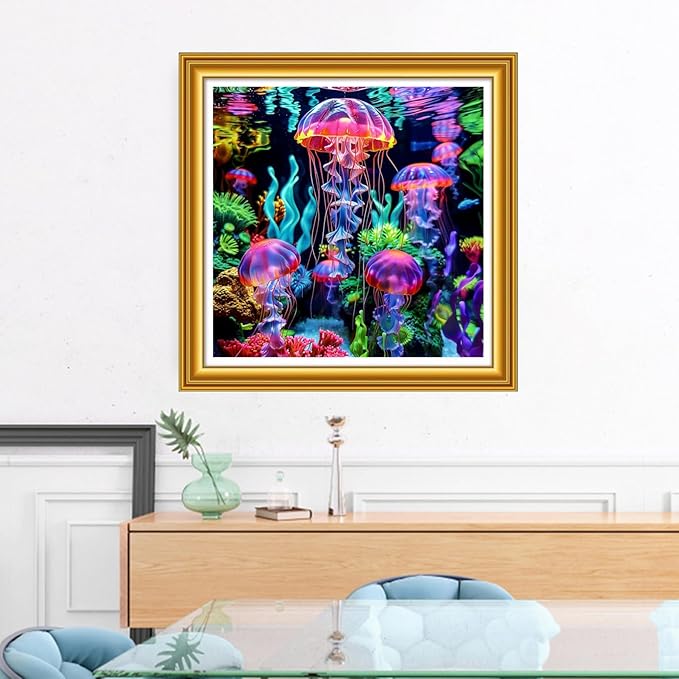 Foxhool Stamped Cross Stitch Kits,11CT Printed Cross Stitch Pattern Full Embroidery Kits for Beginner Needlepoint Kits&Rainbow Jellyfish 18x18 inch