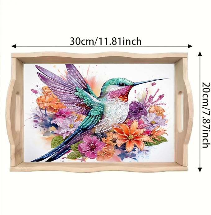 DoxQcs DIY Diamond Art Wooden Tray Kit Easter Food Tray with Handle Diamond Painted Table Decoration Tray for Breakfast Bar Dinner Table Diamond Art Painting for Beginners-#08-Hummingbird