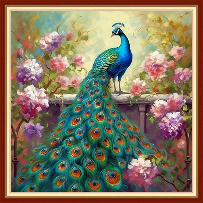 Funart Stamped Cross Stitch Kits for Beginners Full Range of Cross Stitching Preprinted Embroidery Kits for Adults, 11CT Embroidery Pattern Needlepoint Kits-Blue Peacock 18x18 inchs