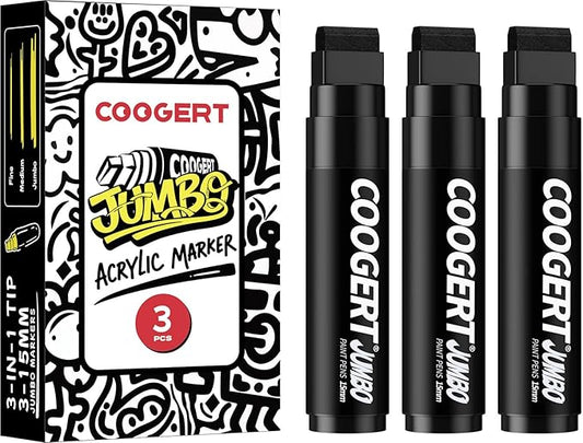Coogert 3Pcs Black Jumbo Poster Markers, 15MM Thick Permanent Acrylic Graffiti Markers, Wide Tip Paint Marker for Canvas, Posters Board, Fabric, Window, Glass, Wood, Teachers,Banner painting supplie