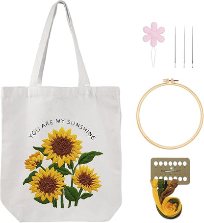 Nuberlic Canvas Tote Bag Embroidery Kit for Beginners Adults -Cross Stitch Kits Needlepoint with Sunflower Pattern Bag Reusable Eco-Friendly Shopping Bag