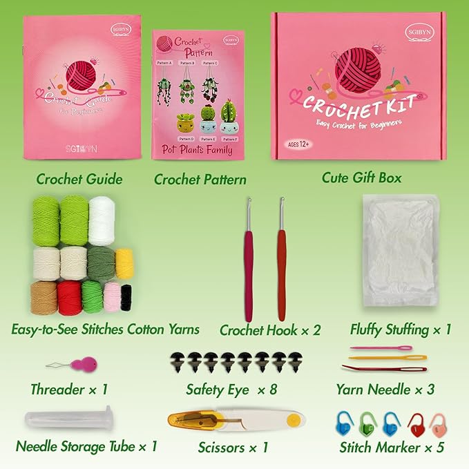 SGIBYN Crochet Kit for Beginners with Step-by-Step Video Tutorials,Beginners Starter Crochet Succulent Pot Plant Kit for Adults Women Knitting Kits Learn to Crochet Set (Pot Plants Family)