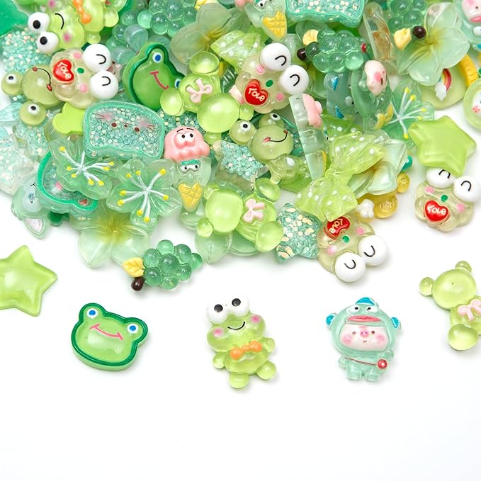 60pcs Slime Charms Cute Set for Crafts, Resin Set Ornament Scrapbooking, 3D Flatback Cute Embellishments for Scrapbook and Mini Decorations (Green)
