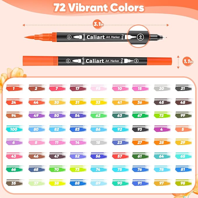 Caliart 72 Colors Double Tip Brush Pens Art Markers, Artist Fine & Brush Pen Coloring Markers for Adult Book Cards Drawing Craft Kit Teacher Office Supplies